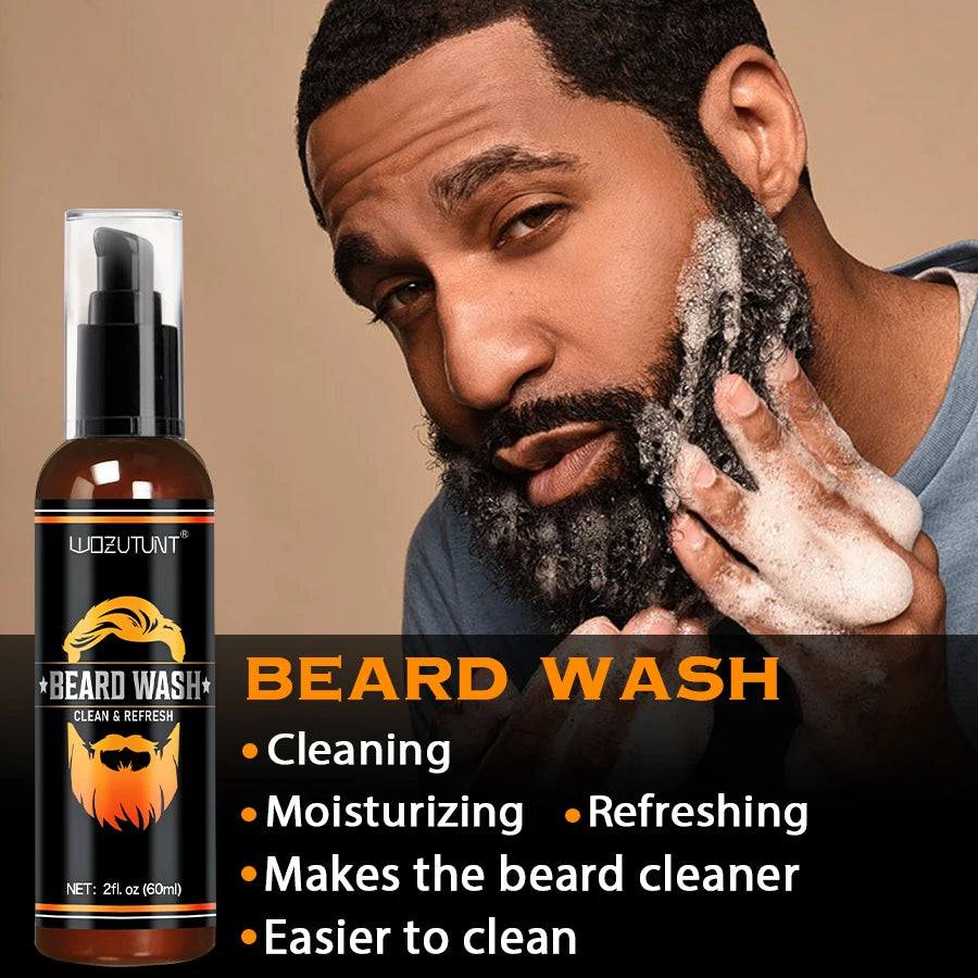 Beard Wash Care Kit Cleaning Strengthen Nourishing Moisturizing Anti-detachment Moustache Shampoo Conditioner Set for Men Gift