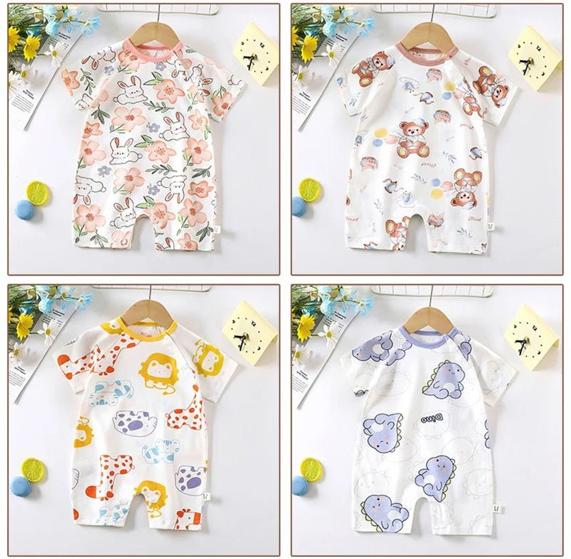 Cute Baby Cartoon Jumpsuit Summer Short Sleeved Thin Cotton Newborn Infant Clothing Bodysuit Boys Girls Crawling Clothes Rompers