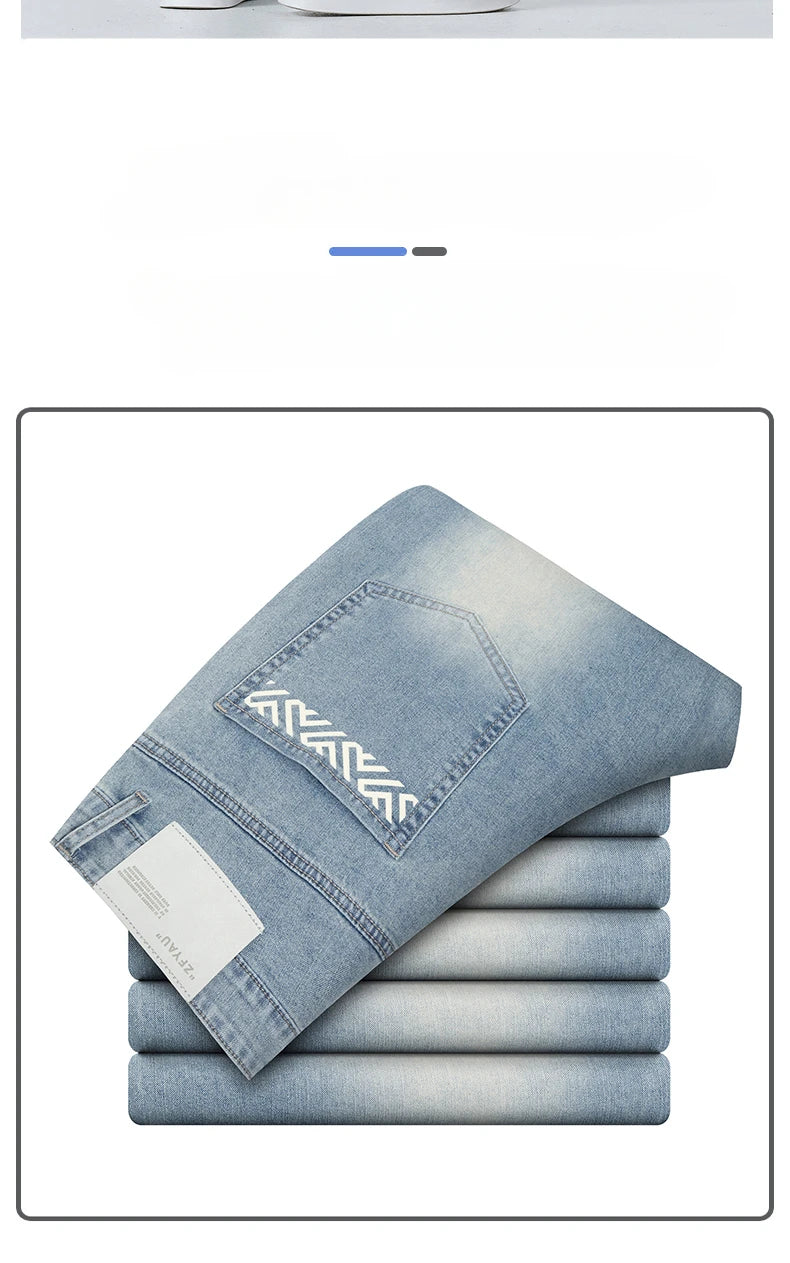 Summer Thin Men's Printed Jeans Breathable Fashion Business Loose Pants Washing Vintage Casual Denim Trousers Male