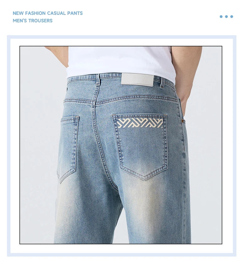 Summer Thin Men's Printed Jeans Breathable Fashion Business Loose Pants Washing Vintage Casual Denim Trousers Male