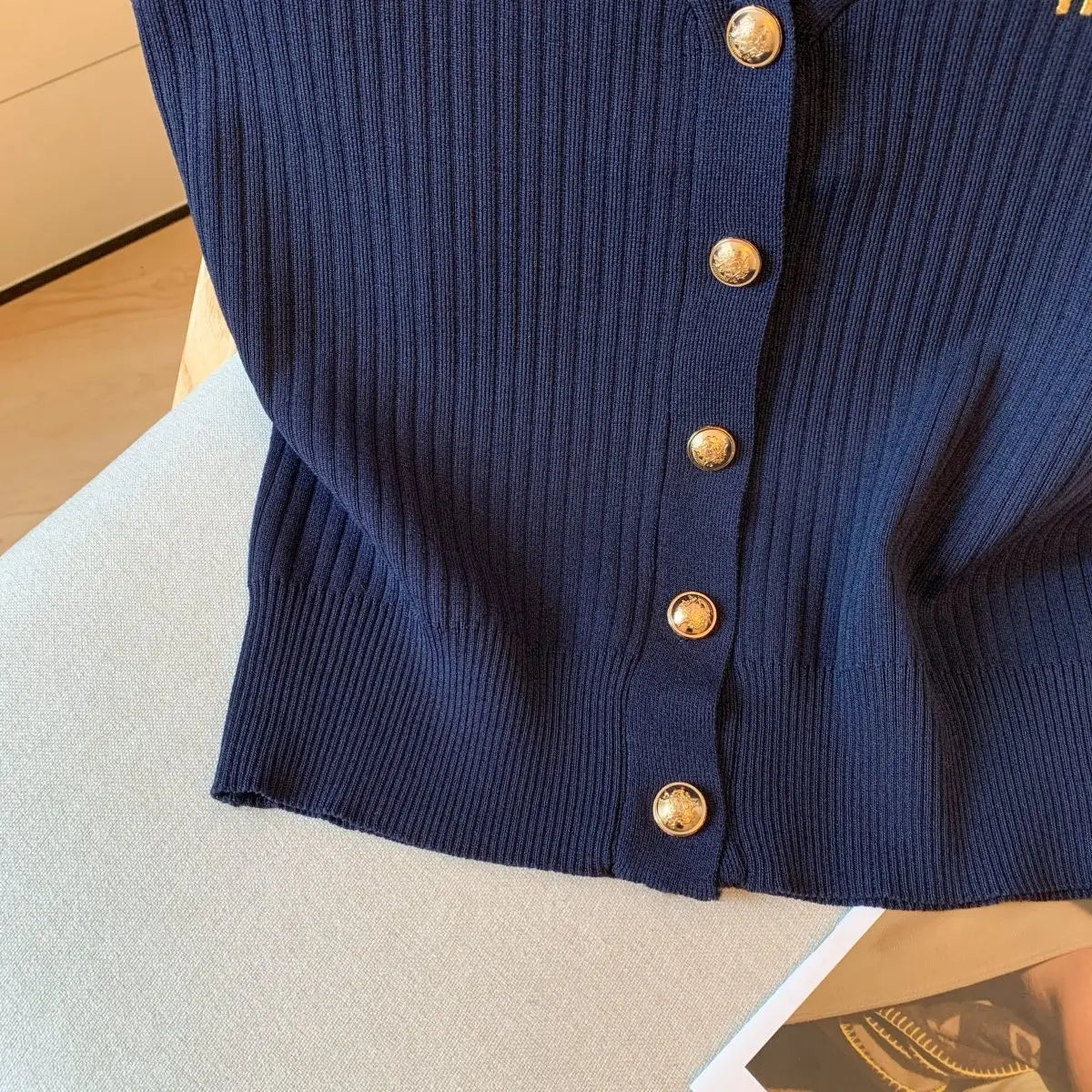 2025 Summer New Temperament Korean Embroidered V-neck Sleeveless Knitting Tank Top Female Fashion Striped Buttons T-Shirts Tops