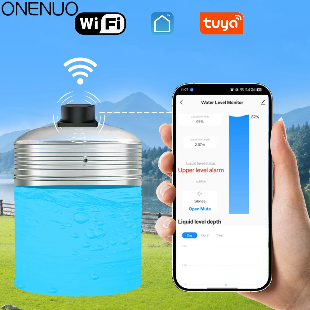 WiFi Ultrasonic Water Level Detector Smart Tank Monitor with Real-Time Alarms Tuya APP Remote Control Indoor Household Alarm