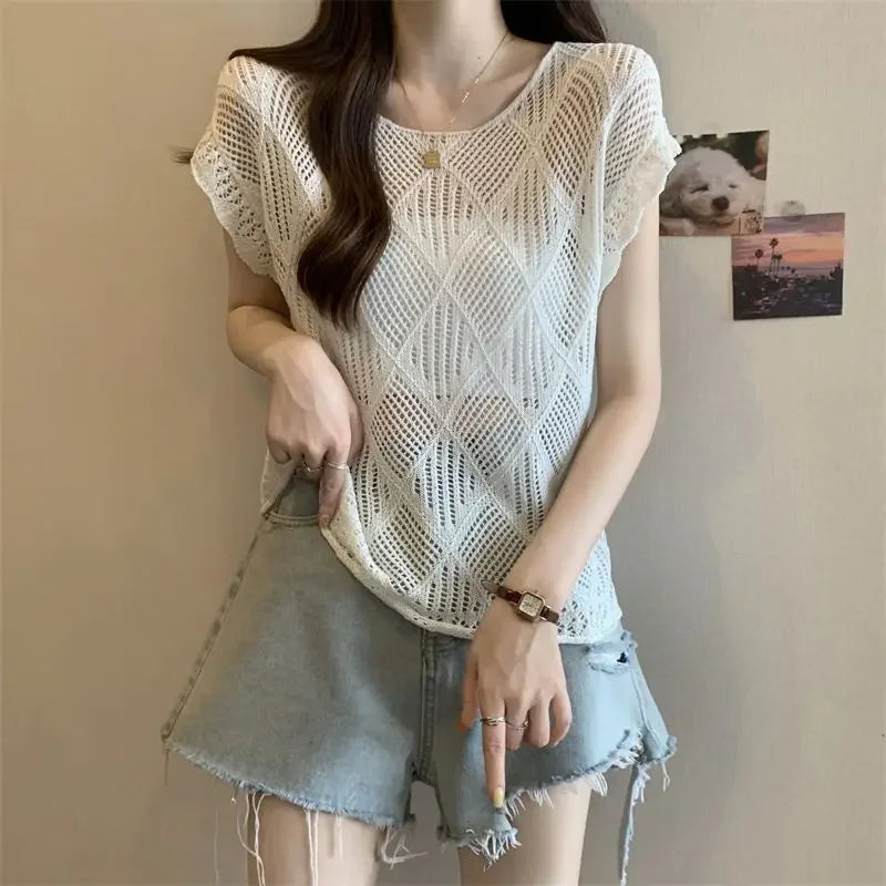 2025 Summer New Hollow Ice Silk Sweater for Women Short-sleeved Shirt with Backless Vests and Thin Tops