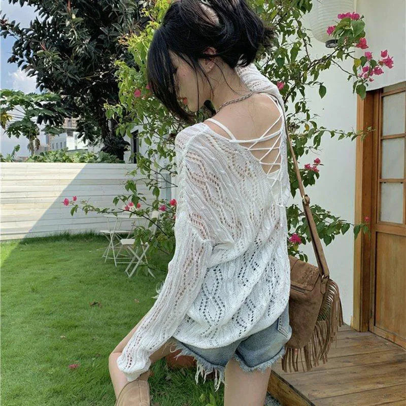 Fashion Two-Sided Wear Knitted Pullover Women Summer Thin Hollow Out Sunscreen Knitwear Woman Streetwear Loose See Through Tops