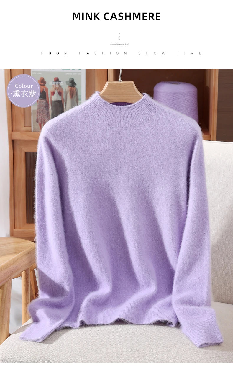 Women's Sweater Semi High Neck Autumn/Winter Pullover Long Sleeved High-End 100% Mink Fur Knitted Sweater Fashion Korean Version