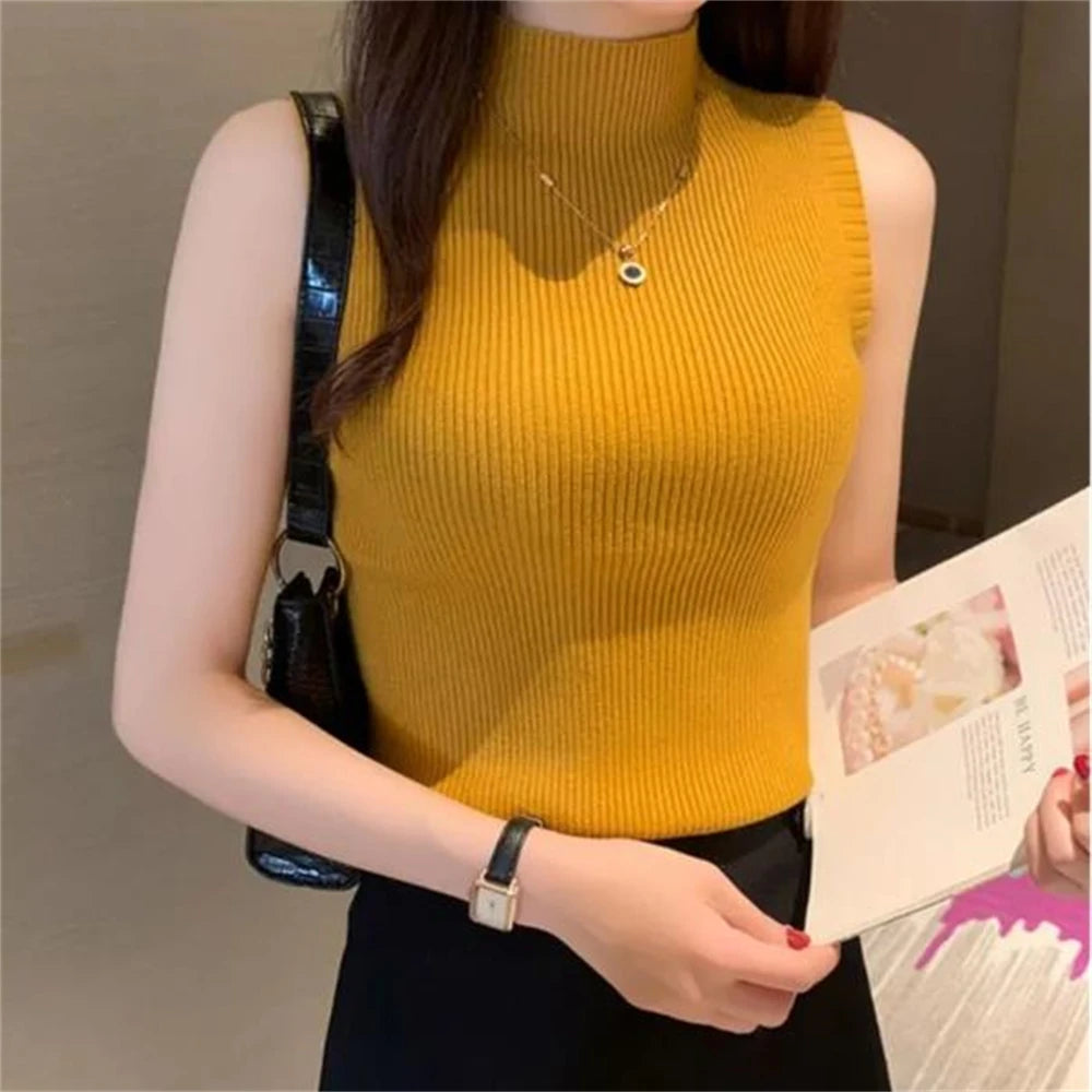 Turtleneck Sleeveless Vest for Women Fashion Party Green Office Lady Top Sexy Streetwear Basic Tank Top