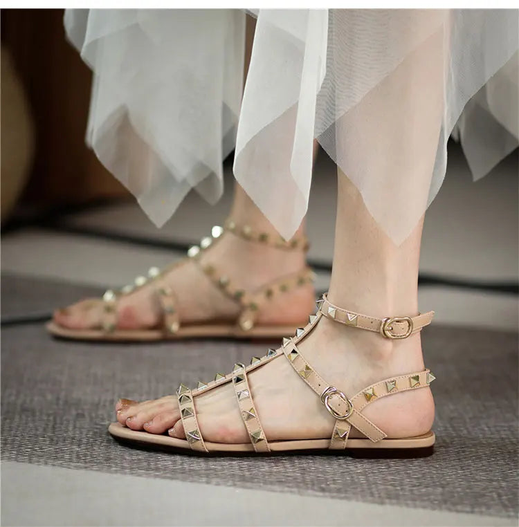 summer women's sandals ladies casual flat shoes simple style Fashion rivet design walking and shopping Large size 41-43