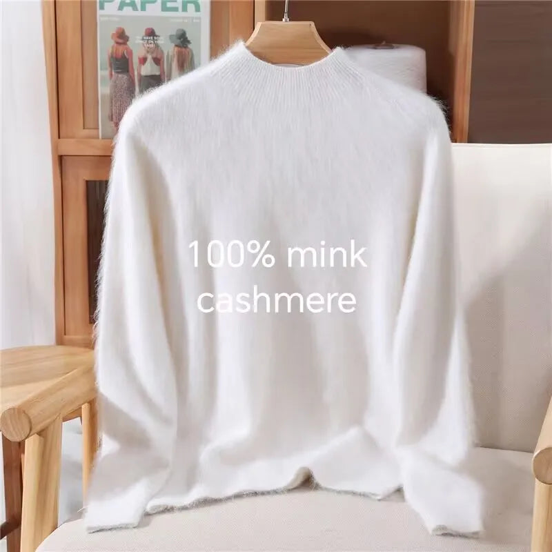 Women's Sweater Semi High Neck Autumn/Winter Pullover Long Sleeved High-End 100% Mink Fur Knitted Sweater Fashion Korean Version
