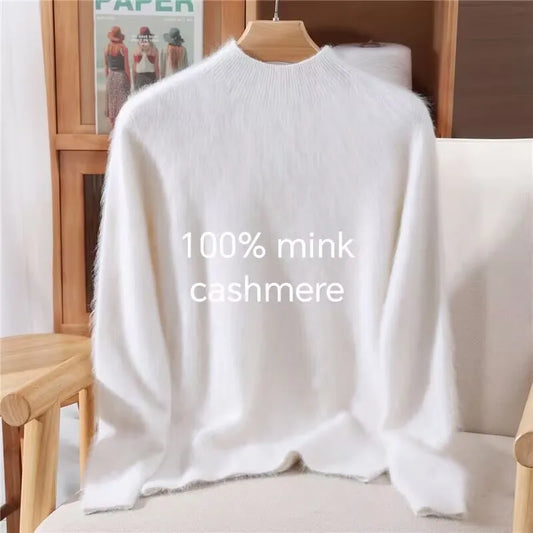 Women's Sweater Semi High Neck Autumn/Winter Pullover Long Sleeved High-End 100% Mink Fur Knitted Sweater Fashion Korean Version