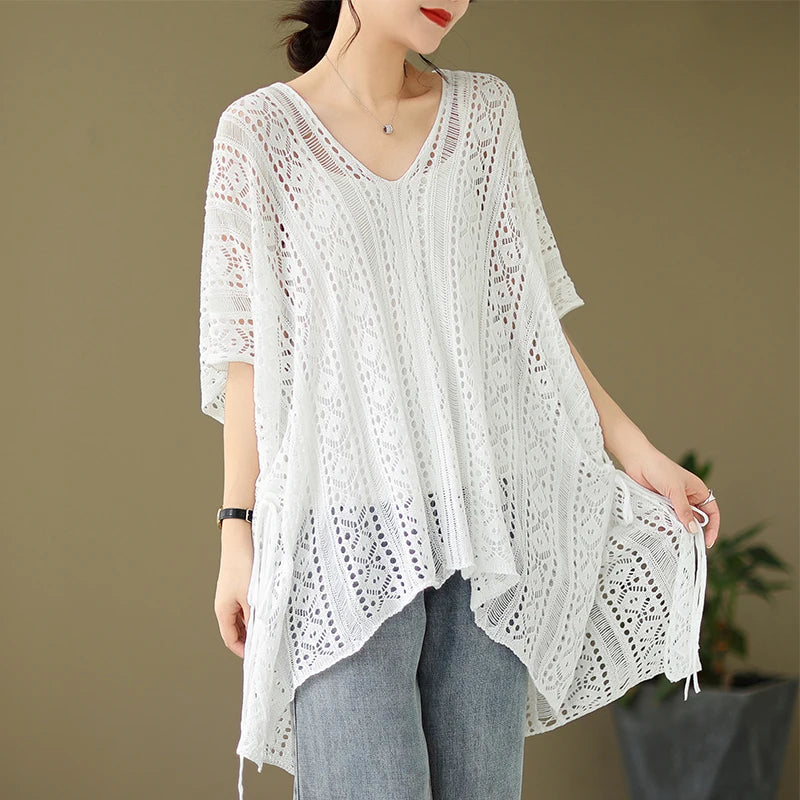 Sheer Crochet Cover Up Tucnic Tops for Women Drawstring Side Openwork Knit Pullover Summer Coverups Boho Beach Vacation Outfit
