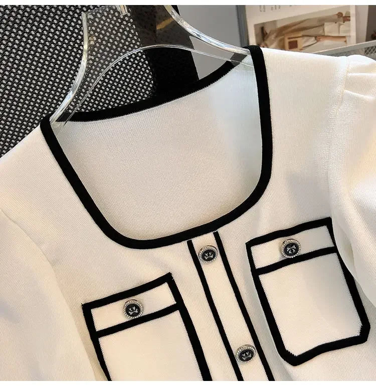Summer Sweater Women's Knit T-shirt Casual Short Sleeve Woman Clothes Versatile Square Collar Lady Pullover Knitwear Tops Jumper