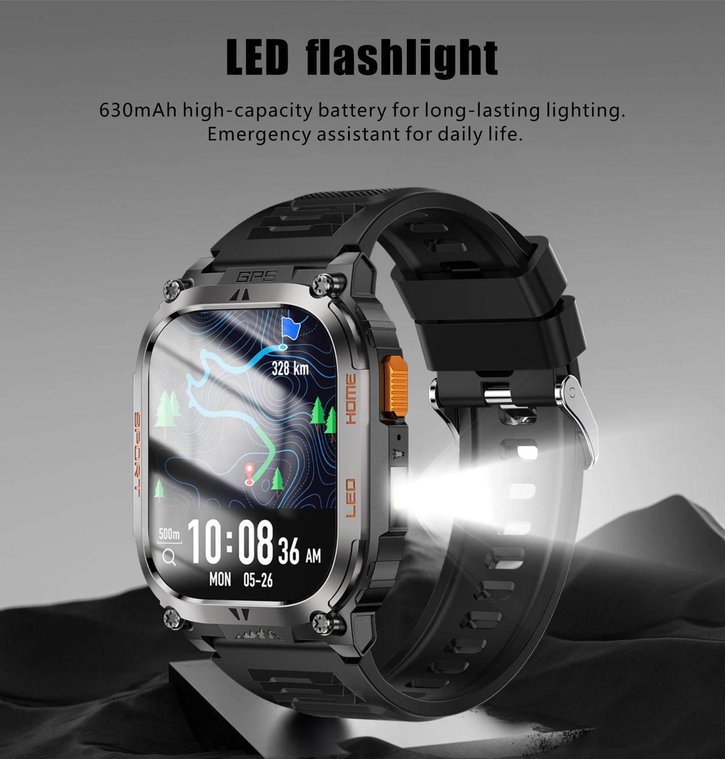 LIGE New GPS Tracking Smart Watch  LED Flashlight 1.96inch HD Screen Compass BT Call Waterproof Sport Smartwatch For Android iOS