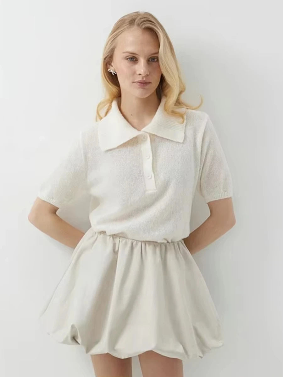 Wolfeel Summer New Polo Collar Hollow Knitted Short Sleeved Sweater Women's Bubble Sleeve T-shirt Female Simple Knitted Sweater