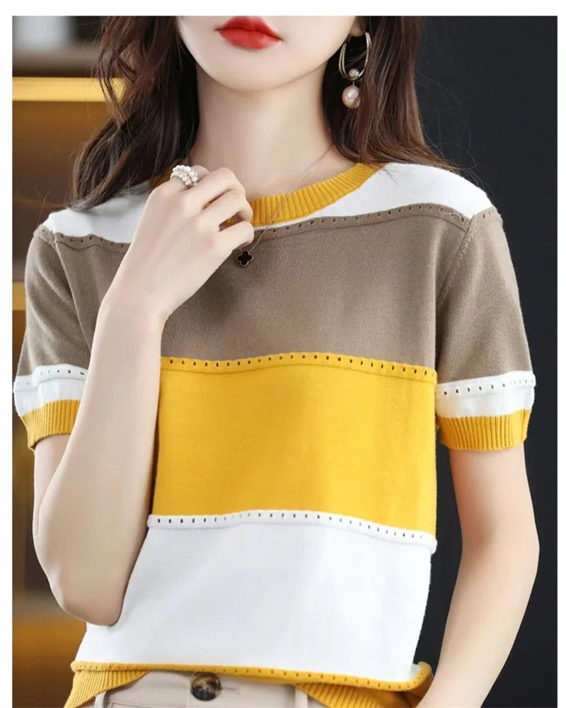 2024 Summer New Ice Silk T-shirt Short-sleeved Stripes knitted Pullover Womens Color Matching Hollow Thin Knitted Sweater Ladies