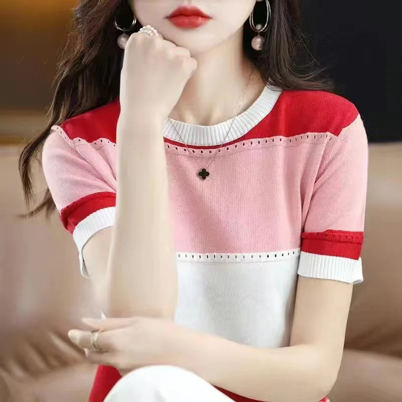 2024 Summer New Ice Silk T-shirt Short-sleeved Stripes knitted Pullover Womens Color Matching Hollow Thin Knitted Sweater Ladies