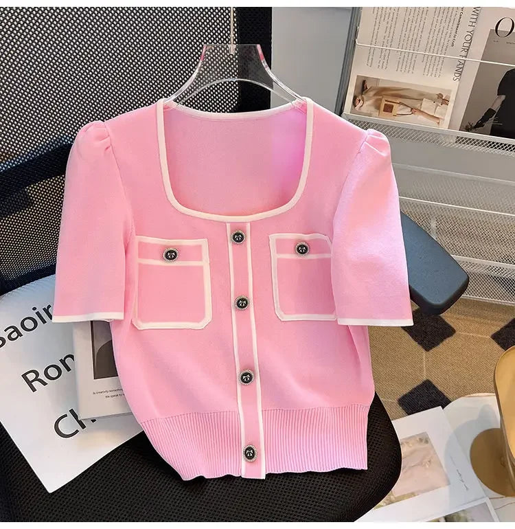Summer Sweater Women's Knit T-shirt Casual Short Sleeve Woman Clothes Versatile Square Collar Lady Pullover Knitwear Tops Jumper