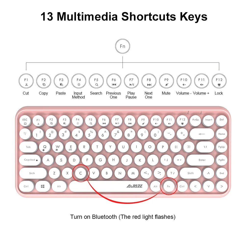 Ajazz 308I Wireless Bluetooth Keyboard 84 Keys Multi-Device Portable Keyboard Retro Typewriter Round Keycaps for IOS Android Win
