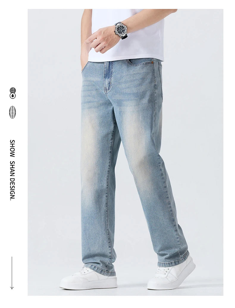 Summer Thin Men's Printed Jeans Breathable Fashion Business Loose Pants Washing Vintage Casual Denim Trousers Male