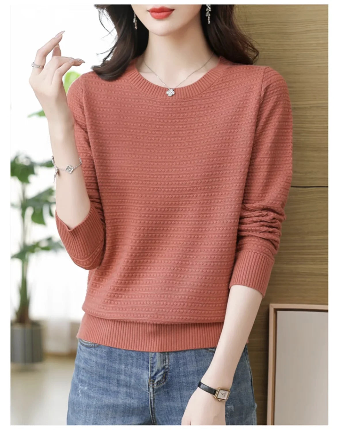 AutumnWinter New Solid Color Women's Base Layer Fashion Hollow Knit Long Sleeve Sweater