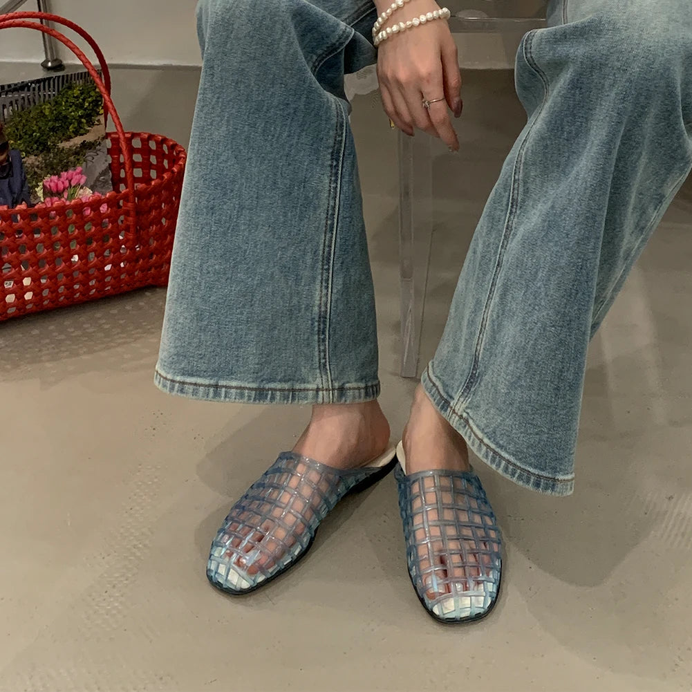 Women Jelly Flats Fashion Slip-On Flats Closed Toe Hollow Out Ballet Flats Breathable Casual Flat Sandals for Outdoor Travel