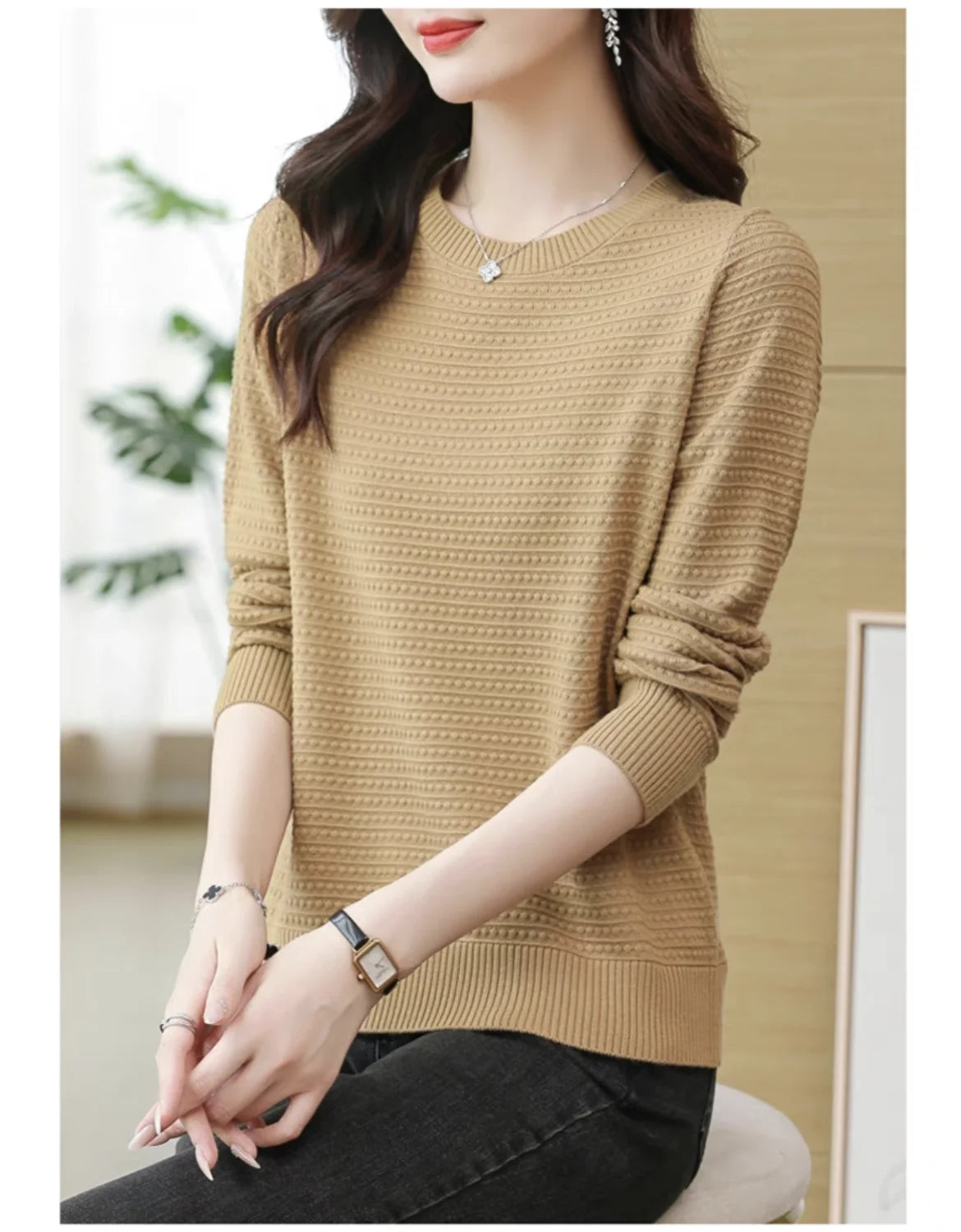 AutumnWinter New Solid Color Women's Base Layer Fashion Hollow Knit Long Sleeve Sweater