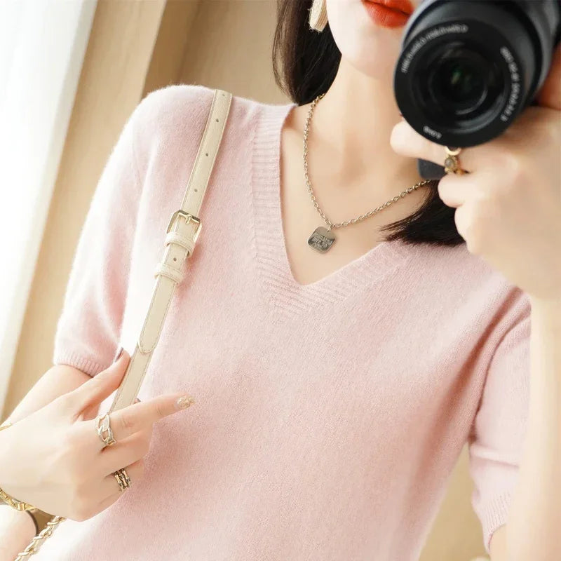 Spring Summer Women Sweater Knit Tshirts V-neck Short Sleeve Knitwears Korean Fashion Pullovers Solid Bottoming Shirt Jumper