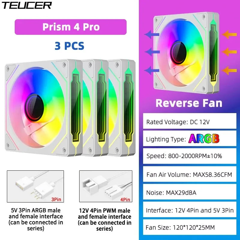 TEUCER Prism 4 PRO 3PCS PC Case Fan 120mm ARGB Cyclic Mirror Light Effect PWM 800-2000RPM CPU Cooler ventilador