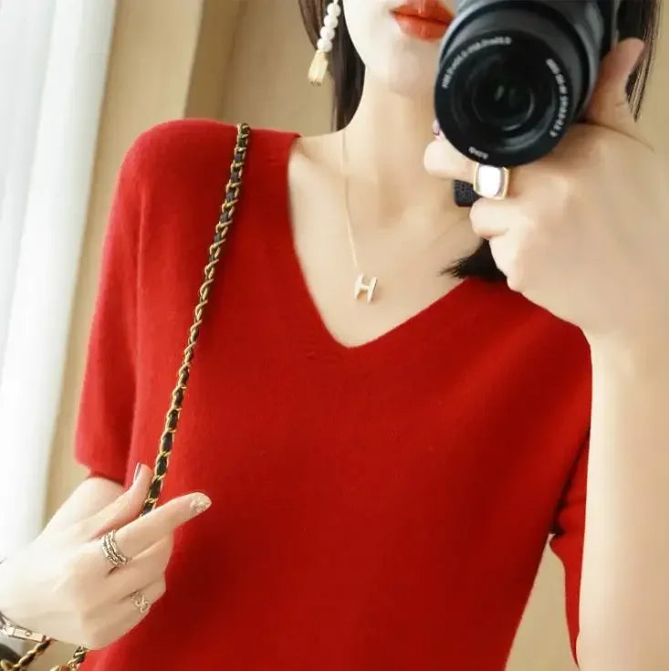 Spring Summer Women Sweater Knit Tshirts V-neck Short Sleeve Knitwears Korean Fashion Pullovers Solid Bottoming Shirt Jumper