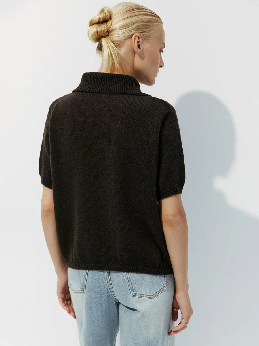 Wolfeel Summer New Polo Collar Hollow Knitted Short Sleeved Sweater Women's Bubble Sleeve T-shirt Female Simple Knitted Sweater