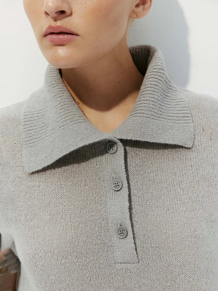 Wolfeel Summer New Polo Collar Hollow Knitted Short Sleeved Sweater Women's Bubble Sleeve T-shirt Female Simple Knitted Sweater