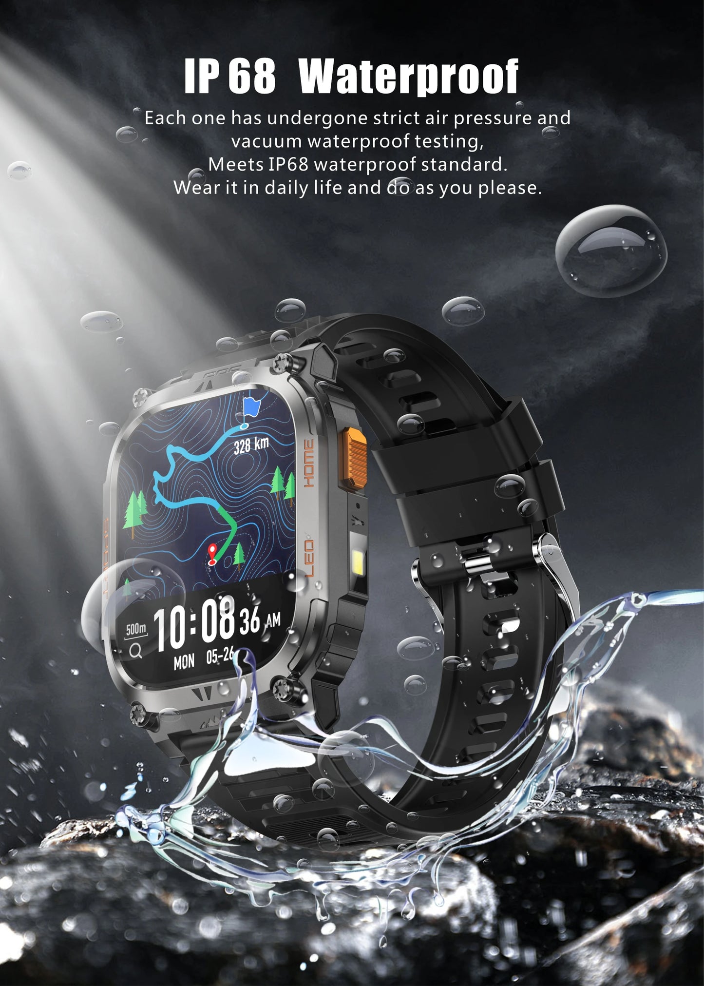 LIGE New GPS Tracking Smart Watch  LED Flashlight 1.96inch HD Screen Compass BT Call Waterproof Sport Smartwatch For Android iOS