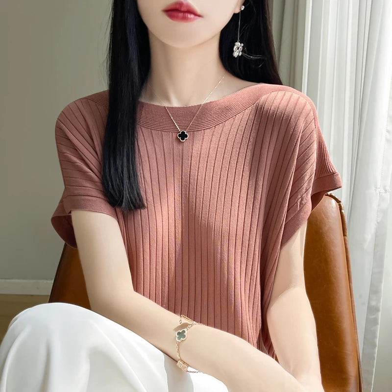 2025 Fashion Slash Neck Women Sweater Ice Silk Spring Summer Knitted Sweater Loose Casual Korean Shirts Short Sleeve Knitwears