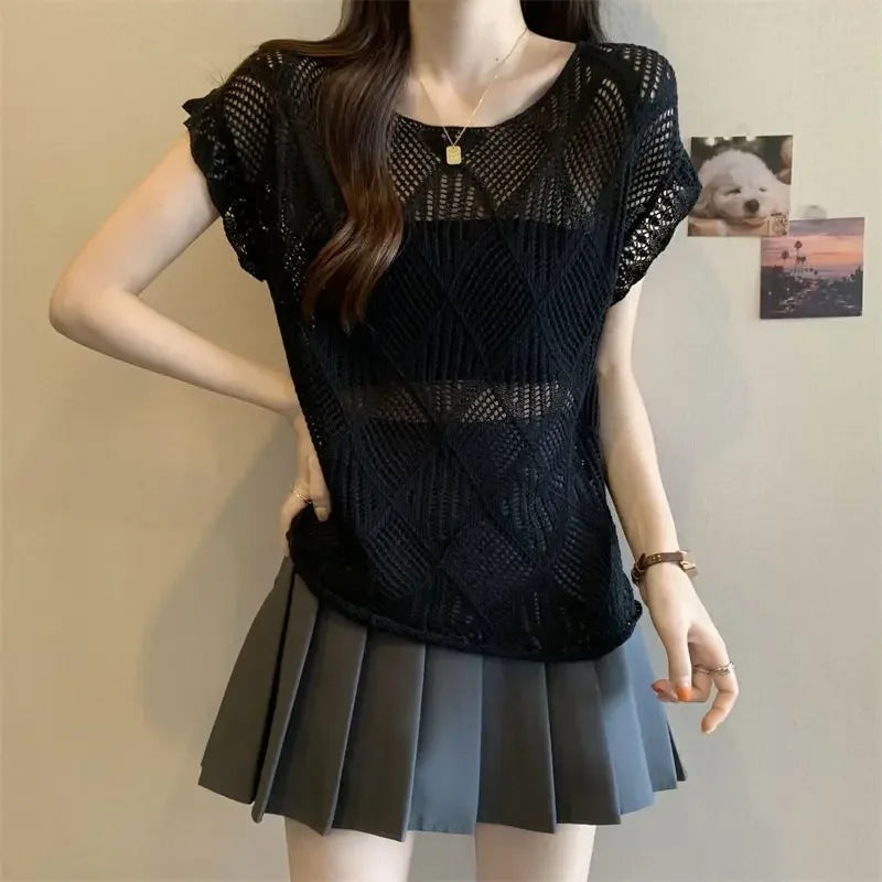 2025 Summer New Hollow Ice Silk Sweater for Women Short-sleeved Shirt with Backless Vests and Thin Tops