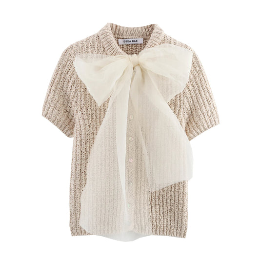 Spring 2025 new women's wear: Sweet transparent tulle bow decorated short-sleeved knitted top