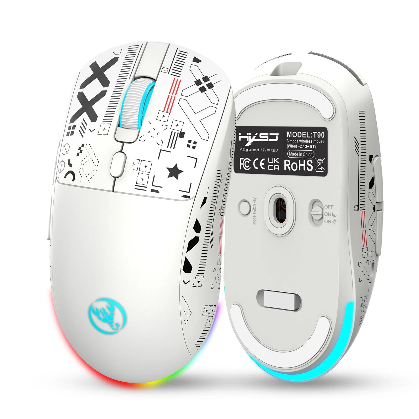 HXSJ T90  Thir-Mode wireless mouse (Wired+2.4G+BT) RGB Backlight 650mAh Gaming Mouse