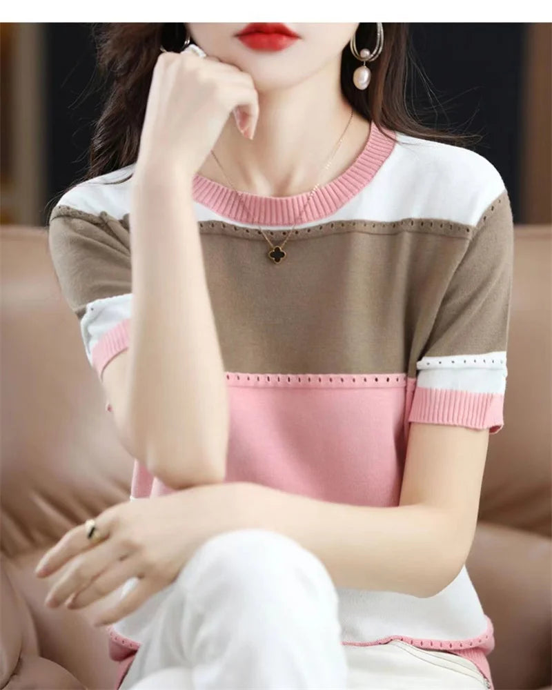 2024 Summer New Ice Silk T-shirt Short-sleeved Stripes knitted Pullover Womens Color Matching Hollow Thin Knitted Sweater Ladies