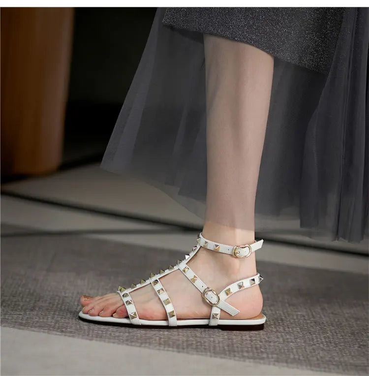 summer women's sandals ladies casual flat shoes simple style Fashion rivet design walking and shopping Large size 41-43
