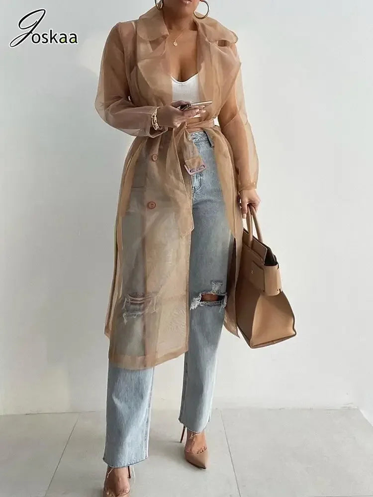 Joskaa Solid Organza See Through Lapel Full Sleeve Trench 2023 Summer Women Fashion Buttoned Coat with Belt Elegant Shirts