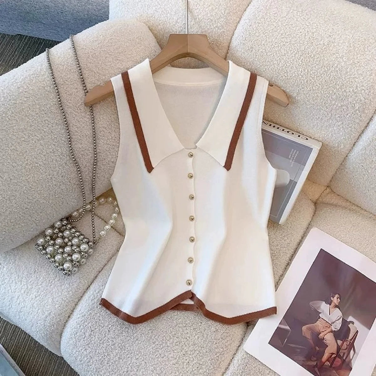 Women Summer Sweater Korean Fashion Polo Neck Slim Fit Knitted Vest Sleeveless Single Breasted Female Tank Top Clothing