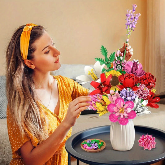 Flower Bouquet Building Set  18 Flowers Rose Sunflower Home Plant Decor, Birthday Gift for Adults Women