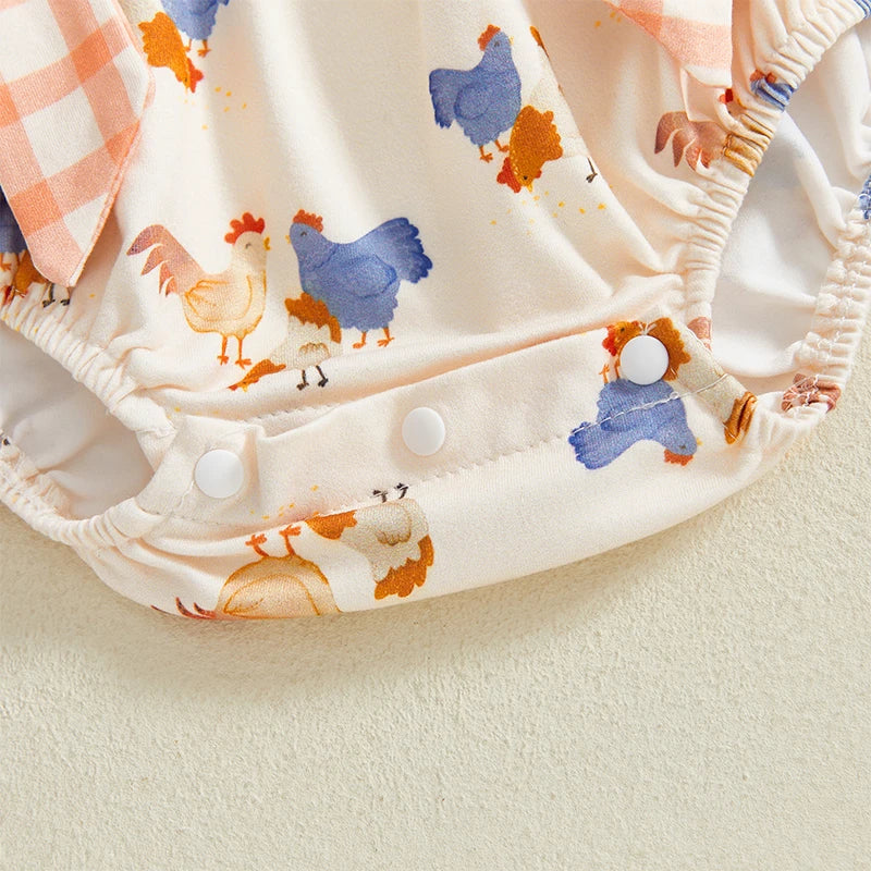 Newborn Baby Girl Romper Farm Chicken Outfit Ruffle Smocked Plaid Bodysuit Western Country Summer Clothes