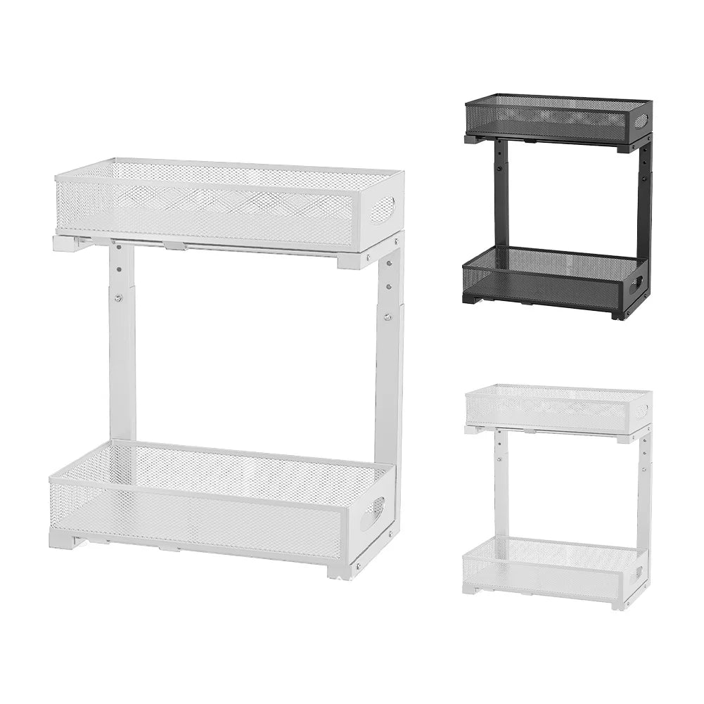 2 Tier Adjustable Height Under Sink Organizer with Sliding Drawer Pull Out Under Cabinet Kitchen Bathroom Organizer and Storage