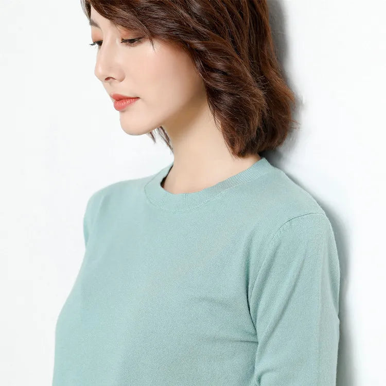 Women Merino Wool Sweater O-Neck Pullover Spring Autumn Long Sleeve Knitwear Slim Solid Color Fashion Bottoming Clothing Tops