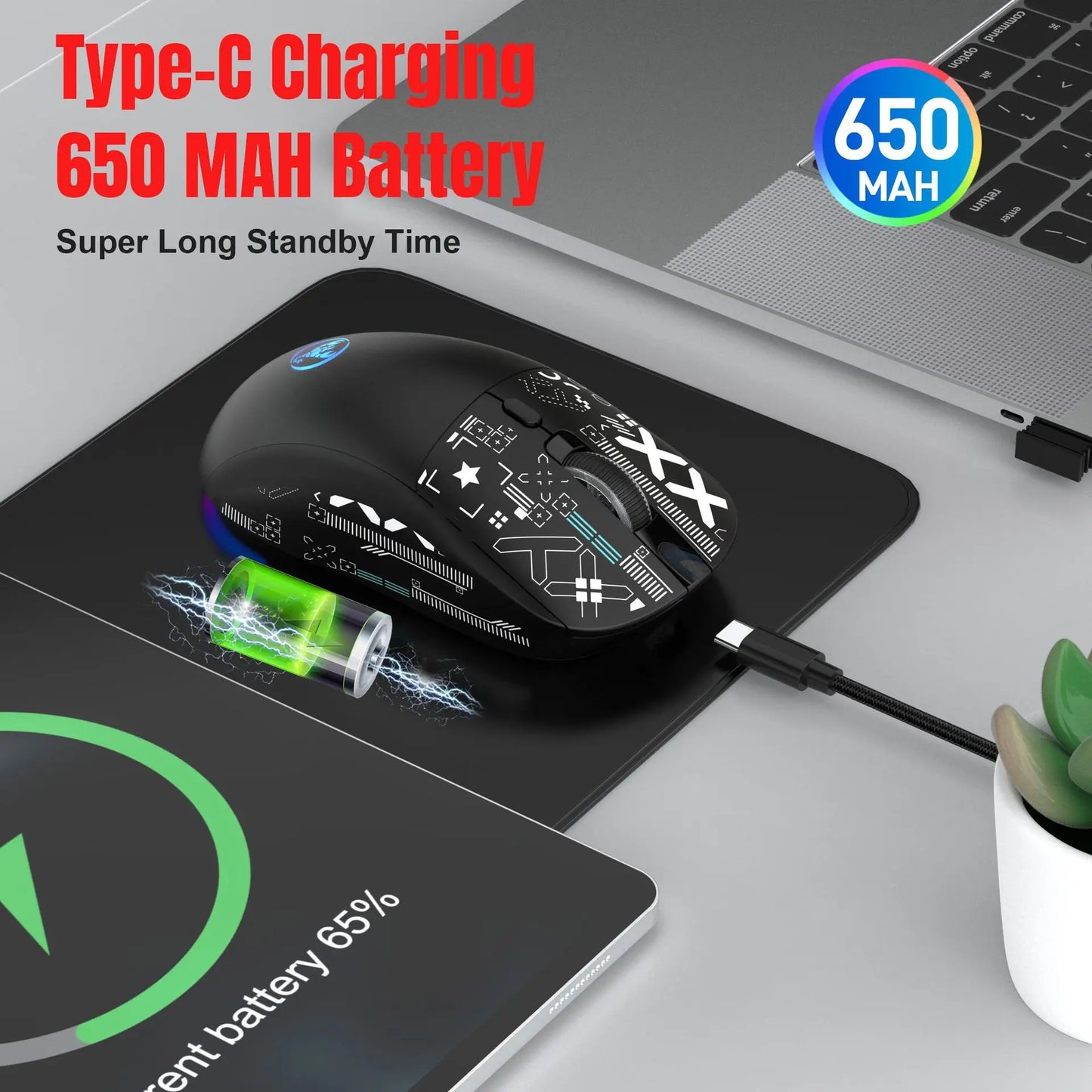 HXSJ T90  Thir-Mode wireless mouse (Wired+2.4G+BT) RGB Backlight 650mAh Gaming Mouse