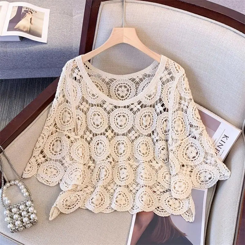 2025 Lace Chic Women's Short French Style Hollowed-out Knitted Sweater Pullover Korean Style New Loose Summer New Top