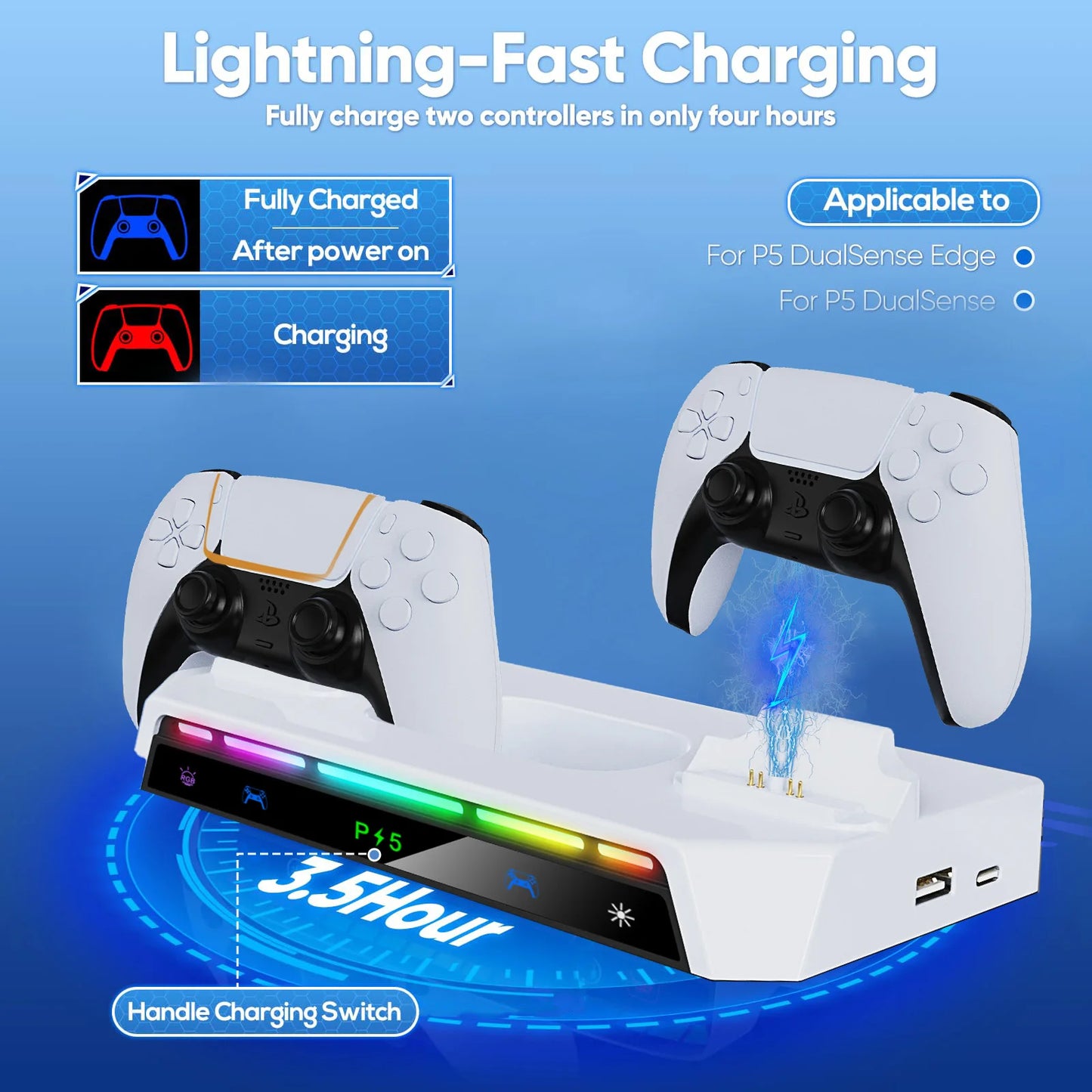 Wall Mount Kit For PS5/ Pro/ Slim Console with RGB Light Charging Station Headset Hanger For PS5 Dual Controller Accessories