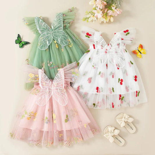 Summer New Sweet Butterfly Wing Baby Girl Princess Dress, Floral Chiffon Wedding Party Children'S Sleeveless Clothes (0-4 Years）