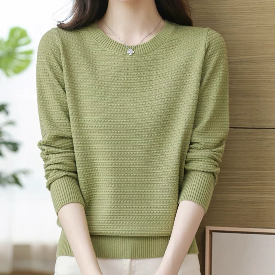 AutumnWinter New Solid Color Women's Base Layer Fashion Hollow Knit Long Sleeve Sweater