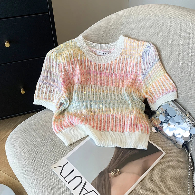 Summer Women's Sweater Sequins Striped Slim Knit Pullovers T-shirts Crop Tops Stylish Chic Fashion Short Sleeve O-neck Jumpers