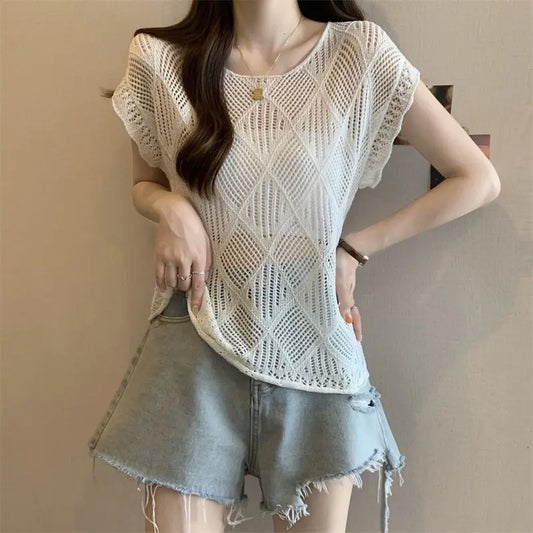 2025 Summer New Hollow Ice Silk Sweater for Women Short-sleeved Shirt with Backless Vests and Thin Tops